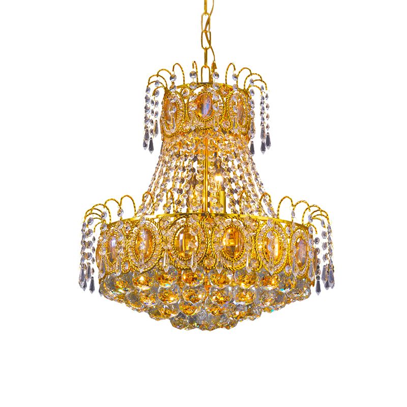 Vintage Basket Pendant Lamp 8 Heads Crystal Strand Chandelier Lighting in Gold for Lobby