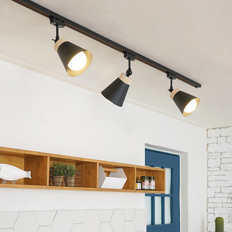 Nordic Modern Ceiling Track Lighting Cone Shaped Shade Solid Wood Spotlight for Living Room Background Wall and Clothing Store
