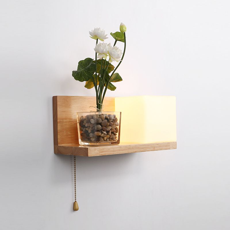 Nordic Style Solid Wood Wall Sconce White Square Glass Shade Wall Mount Light with Hand-pull Switch