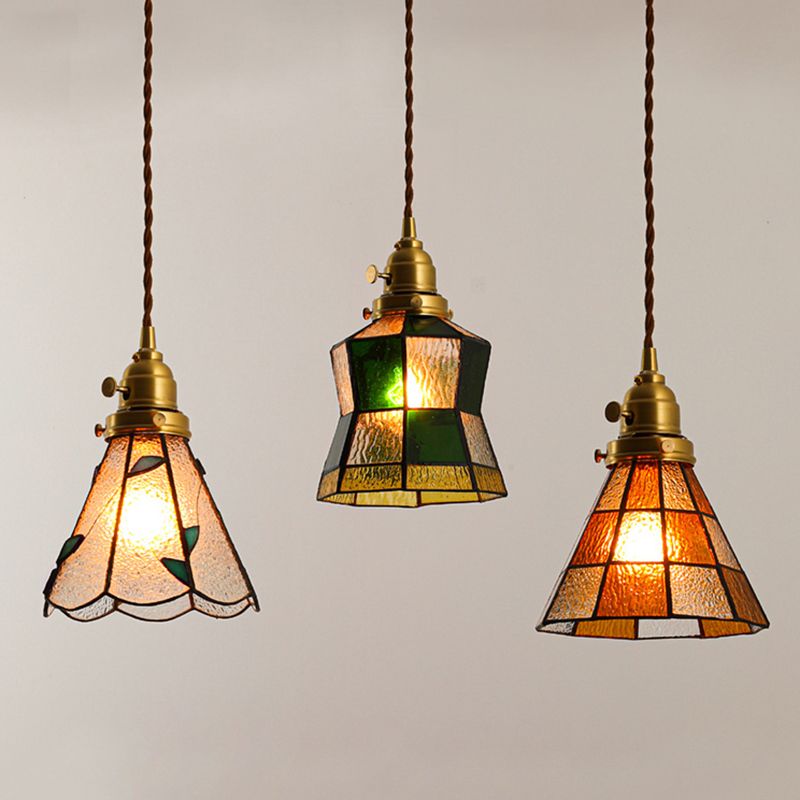 Stained Glass Shade Tiffany Hanging Light Brass Bedroom Mini Pendant Lamp with 63" Hanging Wire