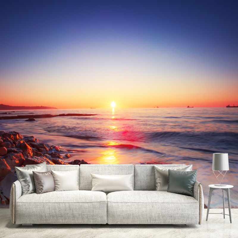 Purple Tropical Wall Paper Mural Full-Size Sundown Rocky Coast Wall Decor for Bedroom