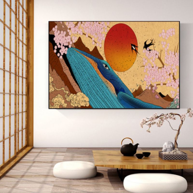 Oosterse tekening print dier canvas kunst veelkleurige gastenkamer wanddecoratie, getextureerd