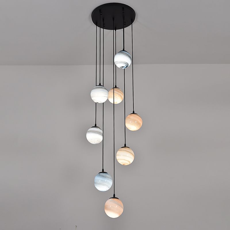 Planet Multi Light Pendant Modernism Textured Glass Stairs Suspension Lighting Fixture in Black