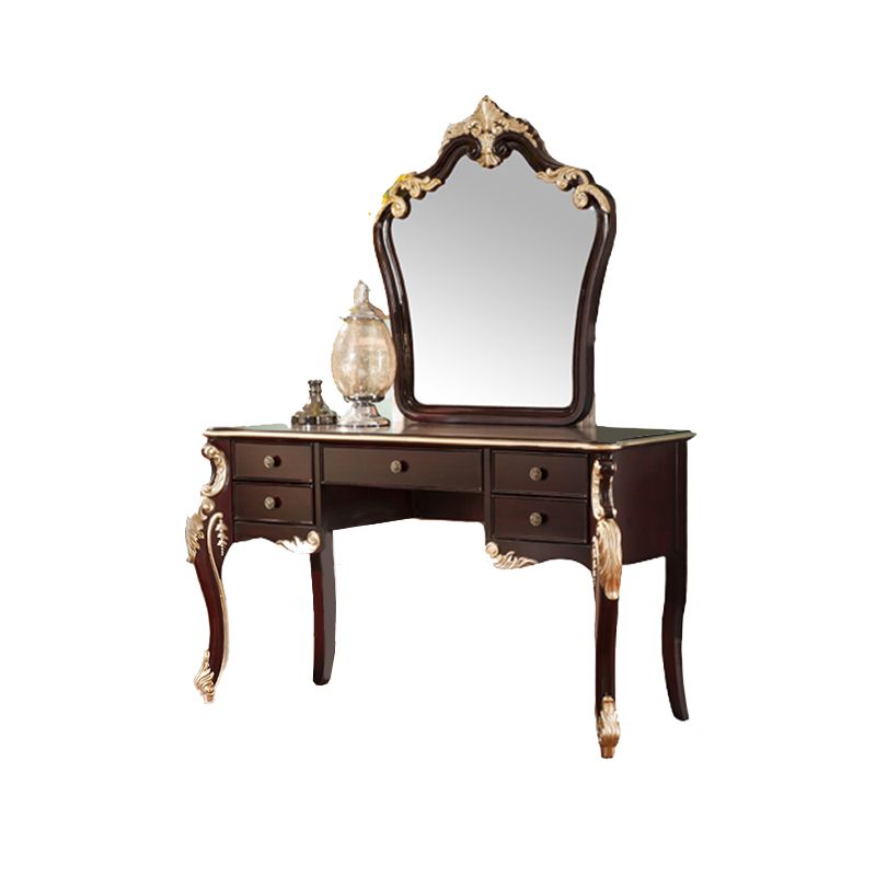 Brown Makeup Counter with Mirror 19.68" Wide Wood Vanity Tables with 5 Drawers