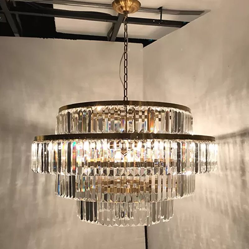 Prismatic Crystal Tiered Chandelier Modern Style 15-Bulb Dining Room Ceiling Hang Light in Gold