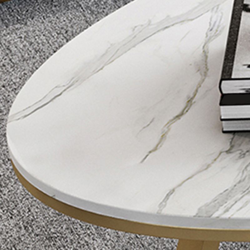 Oval Stone Top Coffee Table with Iron Cross Base Cocktail Table in White