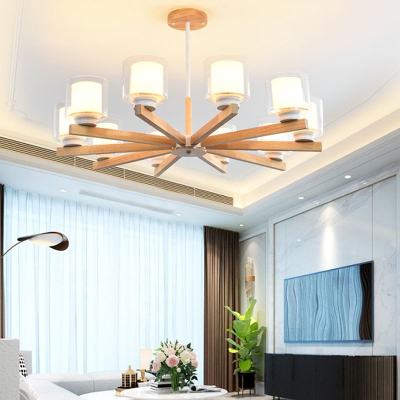 Wooden Chandelier Modern Living Room Suspension Lamp with Glass Shade