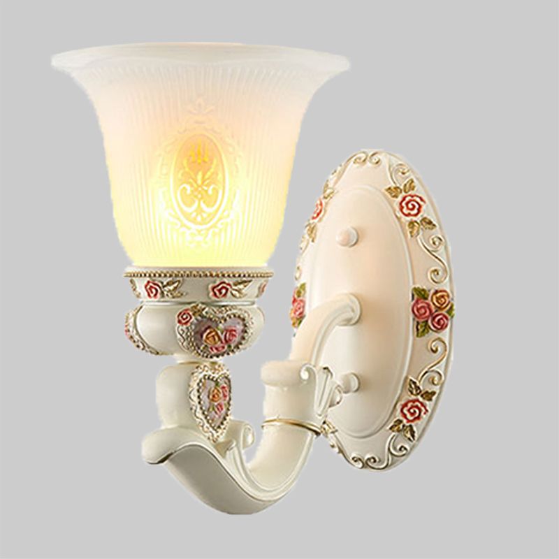 Conical Living Room Sconce Light Countryside Ribbed Milky Glass 1/2-Bulb White Wall Lighting Fixture with Floral Decor