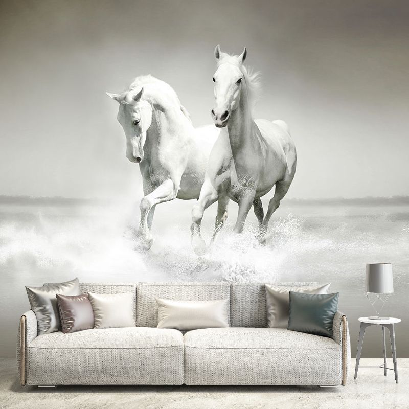 Traditional Galloping Horses Wall Decor for Living Room, Customized Size Wall Mural in Soft Grey