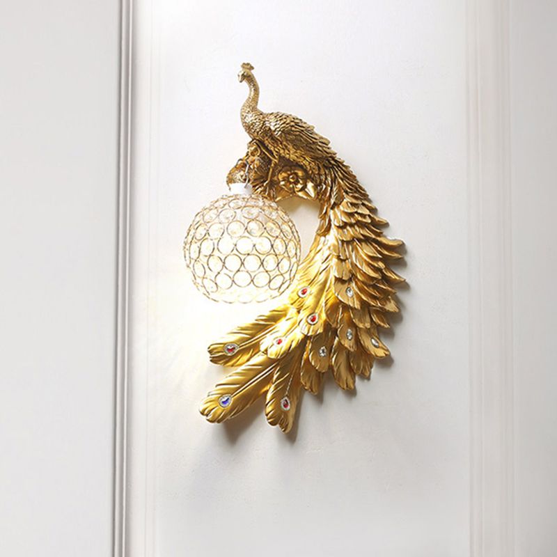 Peacock Wall Sconce Art Decor Resin 1-Light Living Room Wall Lamp with Spherical Crystal Shade