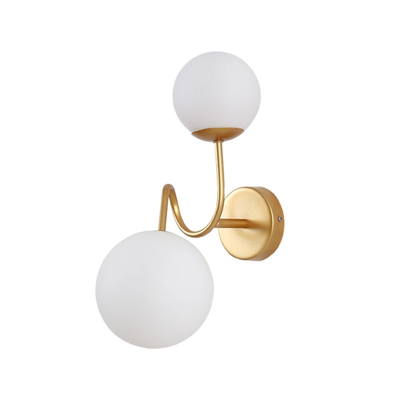 Metal Curved Arm Sconce Light Contemporary 2 Heads Wall Mounted Lamp in Gold with White Glass Shade