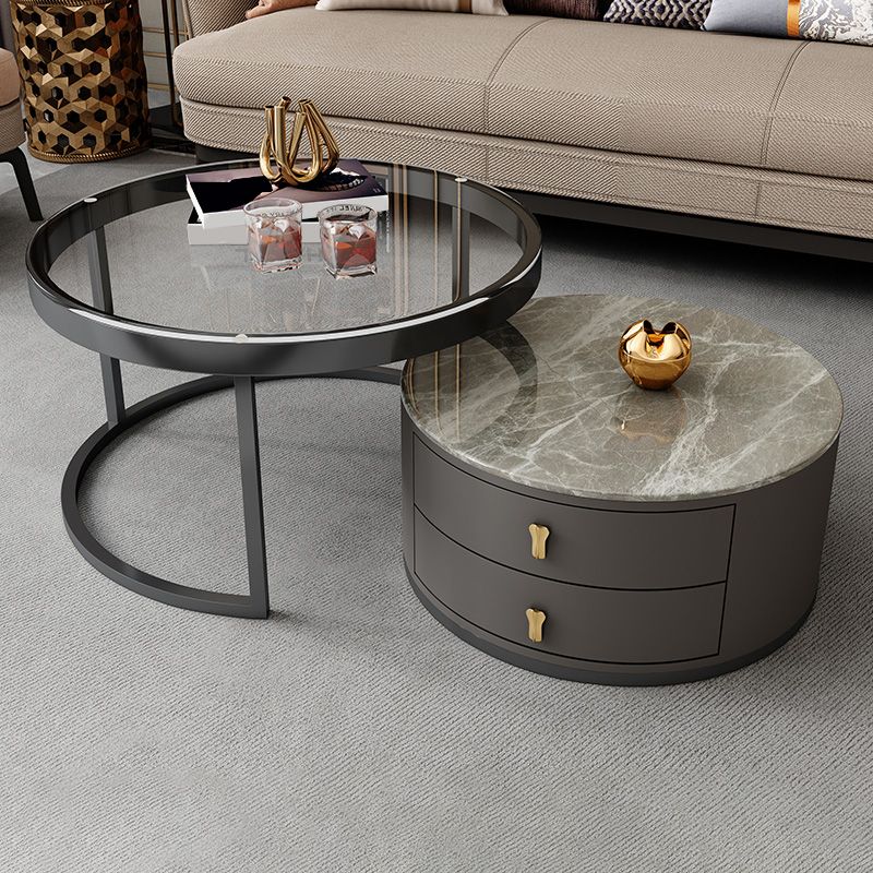 Modern Coffee Cocktail Table Round Nesting Coffee Table Set with Drawer