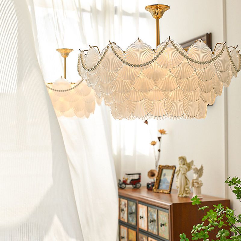 Modern Shell Shape Chandelier Glass Multi Light Hanging Light in White for Bedroom