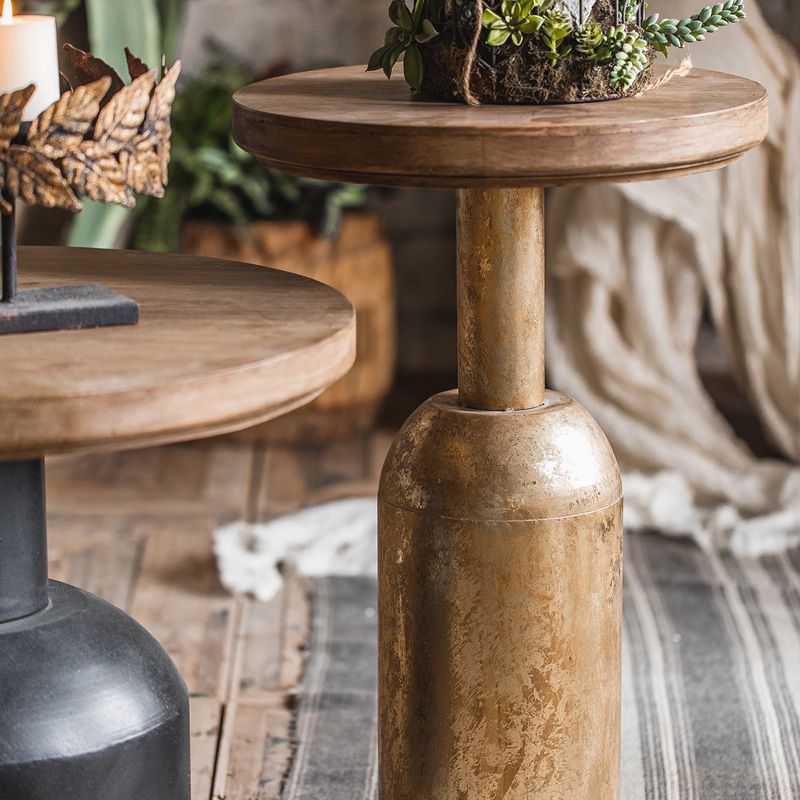 French Country Wood Round Top Side Table Iron Pedestal End Table