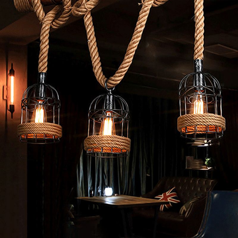 Retro industrial de cáñamo de cáñamo de cáñamo colgante de alambre de hierro tono de jaula 3 luces de techo de madera maciza luz de colgar para bar de restaurantes