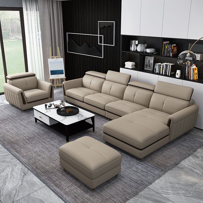 Scandinavian Stain-Resistant Genuine Leather Light-grey Sofa & Chaise