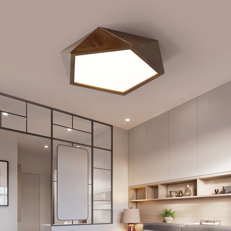 Brown Faceted Pentagon Ceiling Mount Lamp Minimalist 13"/16"/19.5" Wide LED Wooden Flush Lighting