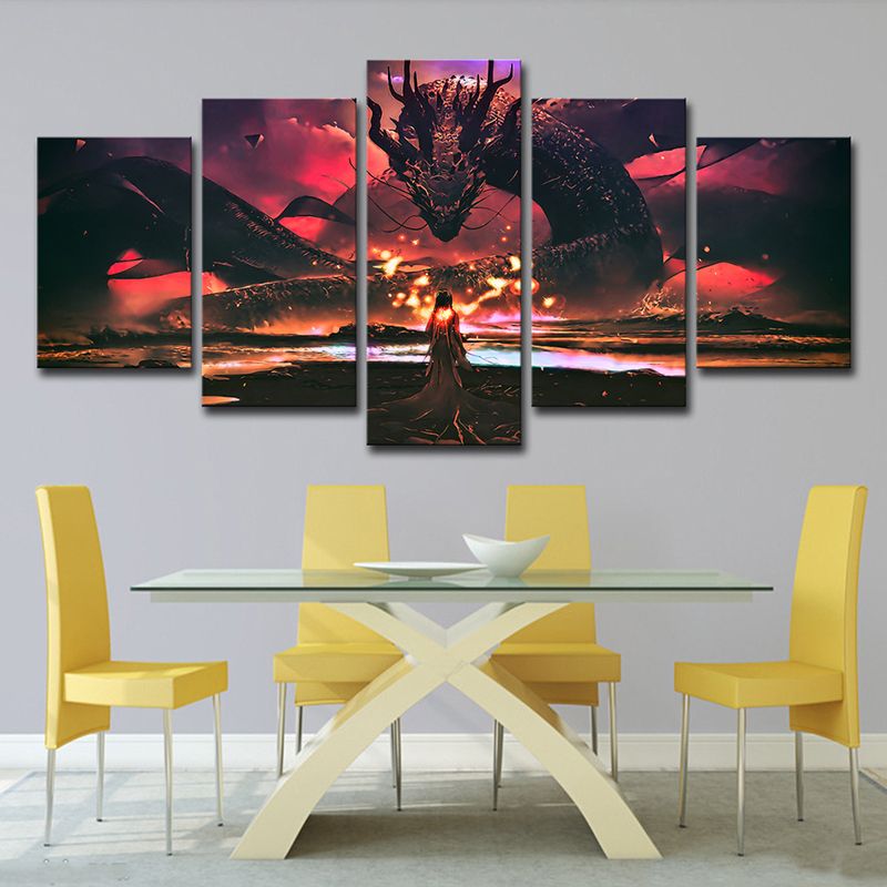 Kids Style Wall Art Red Digital Print Girl and the Devil Dragon Canvas for Boys Room