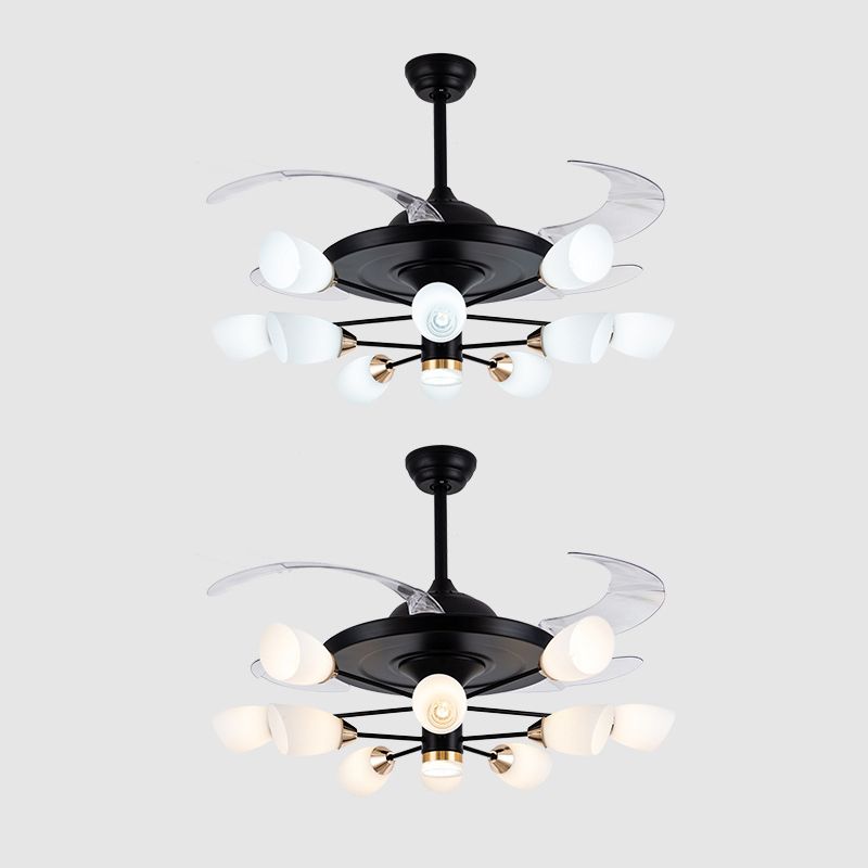 Moderne Tulpe 4-Blade Hanging Lüfter hell weißes Glas 10-Kopf-Wohnzimmer halb Flush Kraut in Schwarz, 42 "W.