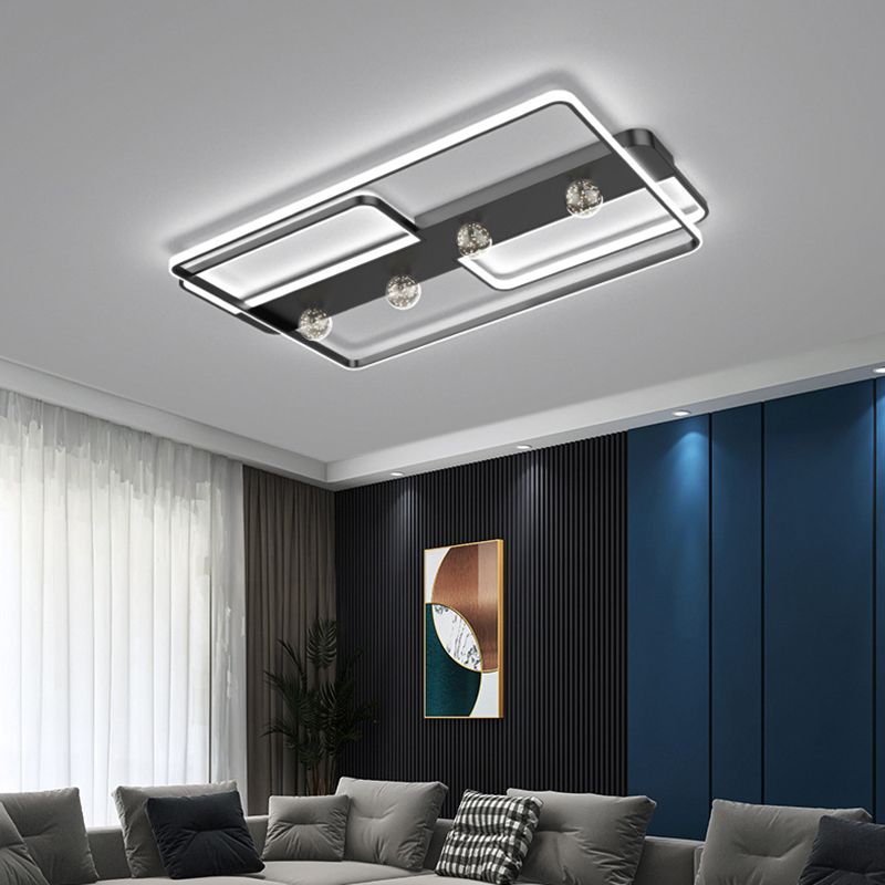 Zwarte rechthoekige inbouwlamp, minimalistische aluminium LED-plafondlamp met bolglazen kap