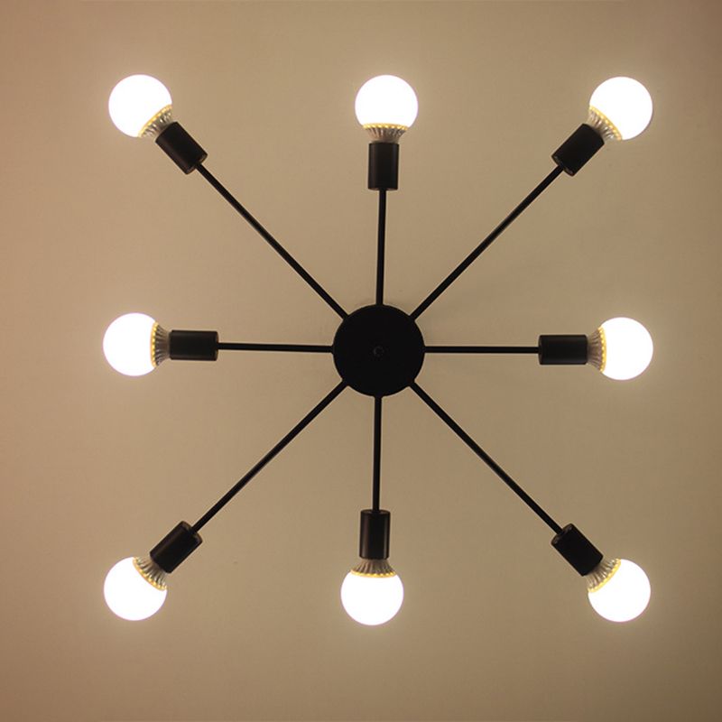 Lámpara de techo negra de 8 luces, estilo industrial retro, hierro Sputnik, montaje semiempotrado para sala de estar