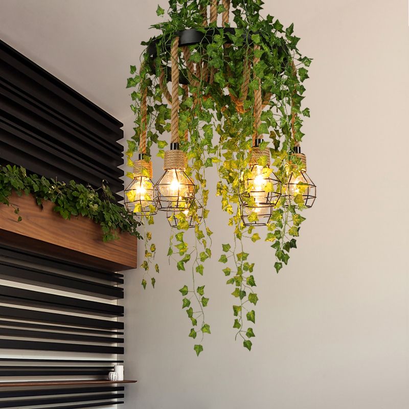 Metal Bare Bulb Pendant Chandelier Antique 6 Bulbs Restaurant Plant Ceiling Suspension Lamp in Black