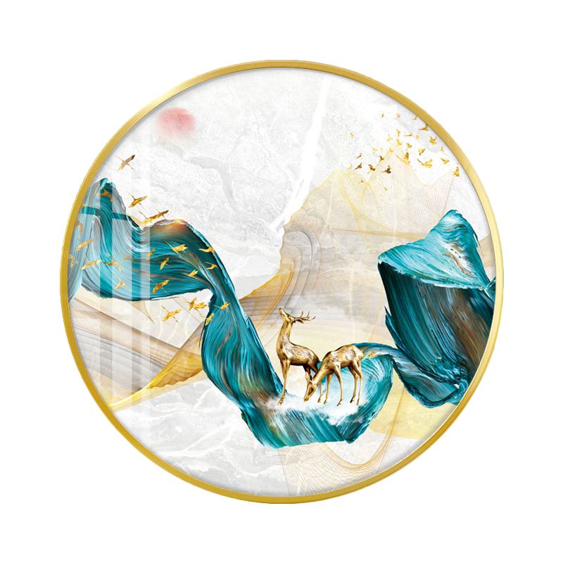 Tissu cercle mural clair clair Asian LED Green mur mural lampe avec wapiti et motif d'oiseau / arbre