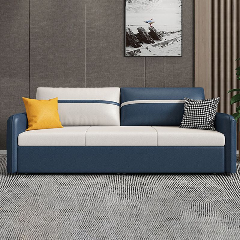 Square Arm Contemporary Convertible Faux Leather Couch Bed with 2 Pillows