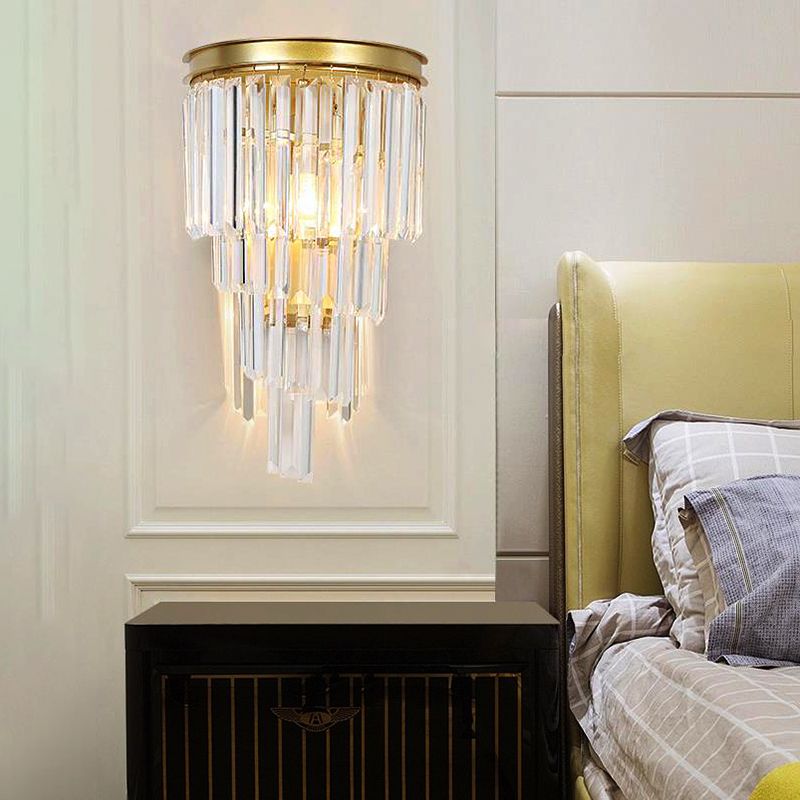1 Lights Bedside Wall Lighting Fixture Modernism Style Golden Wall Lamp with Clear Crystal Block Shape