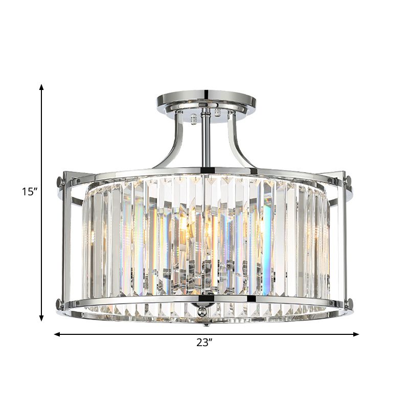 Lumière de plafond de tambour à cristal clair 4 lumières modernisme Polied chrome semi-flushmount