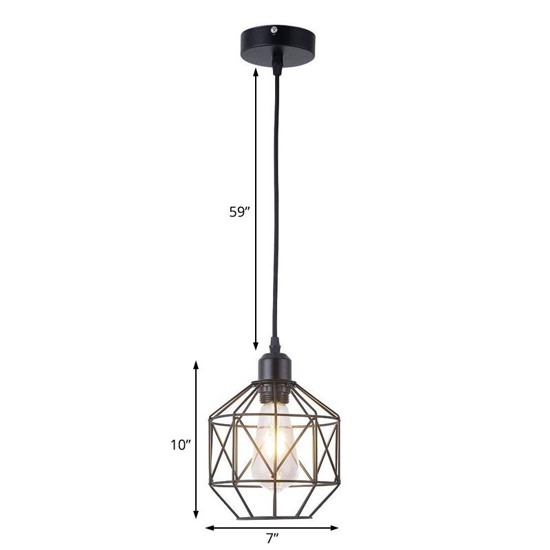 1-Light Prism Cage Pendant Lamp Vintage Black Metal Hanging Light Fixture for Dining Room