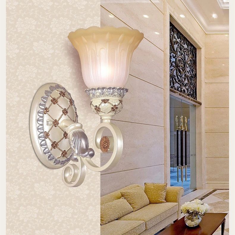 French Country Blossom Wall Sconce 1/2-Light Opaline Glass Wall Lighting Idea with Swirl Arm in Gold