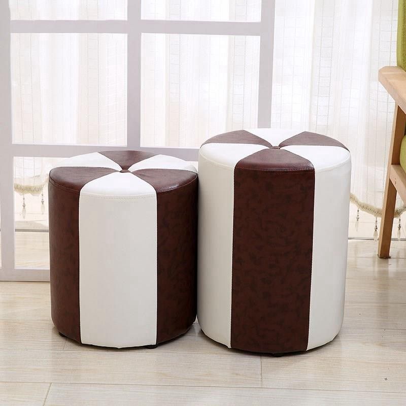 Modern Ottoman Faux Leather Upholstered Stripe Printed Cylinder Shape Ottoman