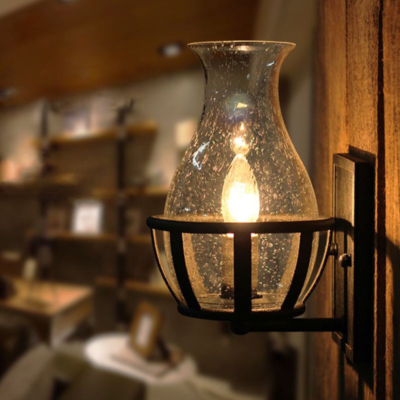 One Bulb Wall Sconce Lighting Bottle Shade Seeded Glass Industrial Living Room Light Fixture in Black