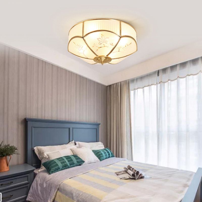 Gold Bowl Ceiling Light in Colonical Luxury Style Copper Flush Mount with Printing Glass Shade