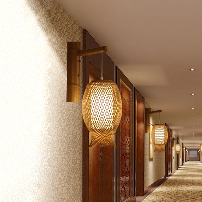Bambú Ligera a mano artesanía Asia 1 cabeza de montaje de pared de color caqui iluminación con tubo interno sombra de pergamino blanco