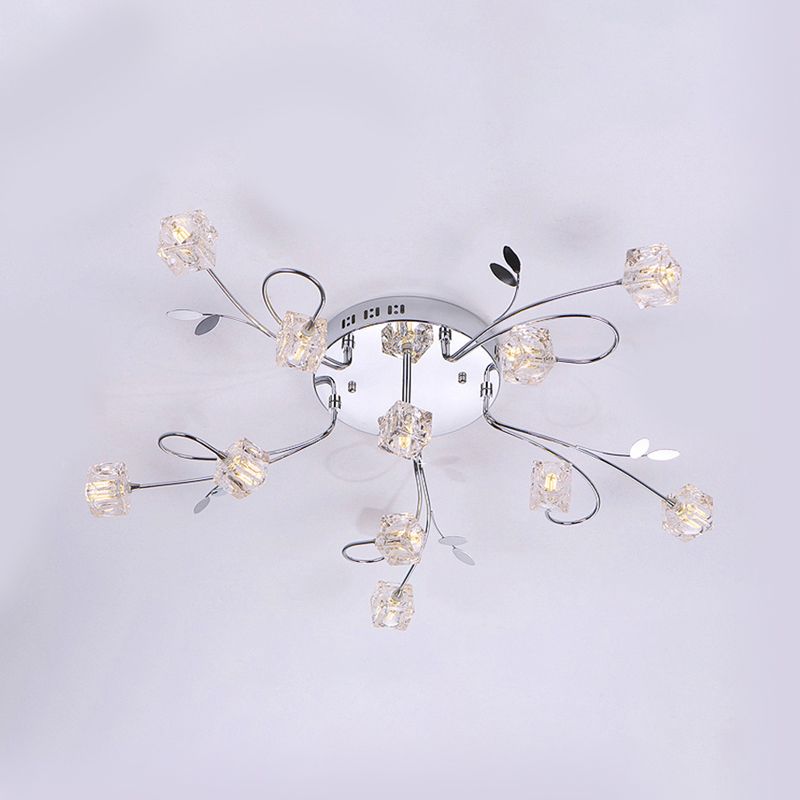 Chrome Cube Semi Flush Mount Modern 11/20-Light Hand-Cut Crystal Ceiling Lamp with Metal Leaf Deco