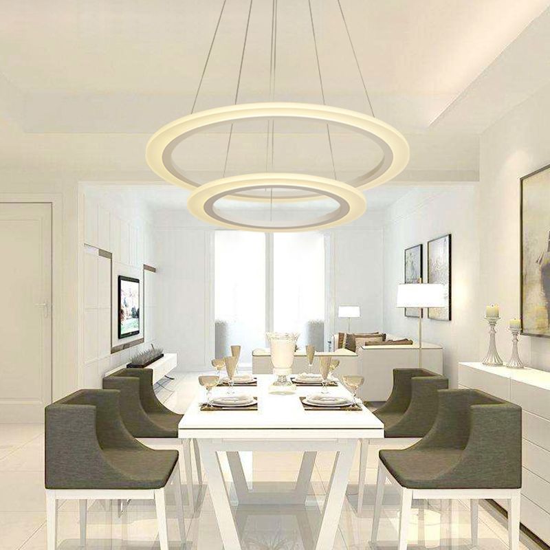 Simple Style Circle Pendant Chandelier Acrylic Dining Room LED Hanging Light in White