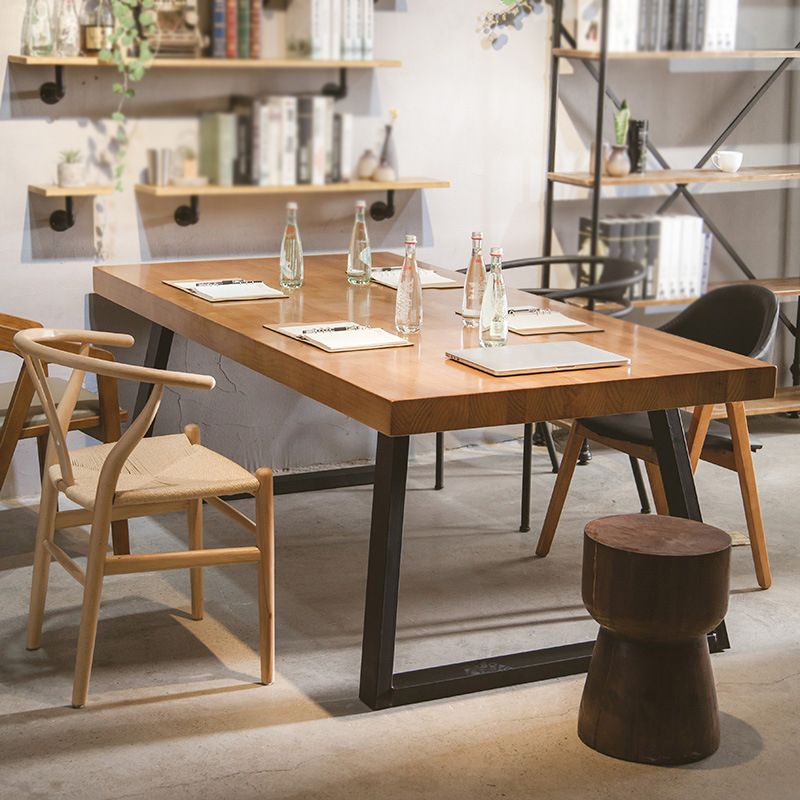 Solid Wood Industrial Dining Table Brown Rectangle Table with Sled Base for Home Use