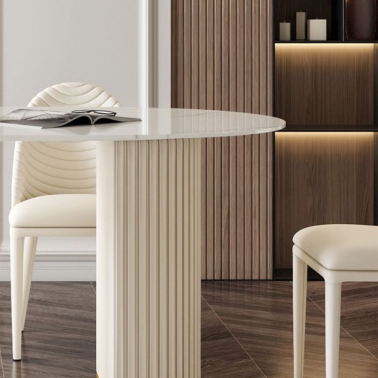 White Oval Stone Dining Table Double Pedestal Furniture for Kitchen