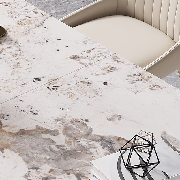 Modern Style Sintered Stone Dining Room Set with White Rectangle Shape Table and Gold Trestle Base