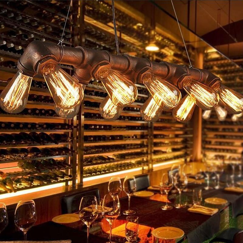 Black/Copper Symmetric Piping Pendant Industrial Metal 10 Bulbs Kitchen Dinette Island Light Fixture