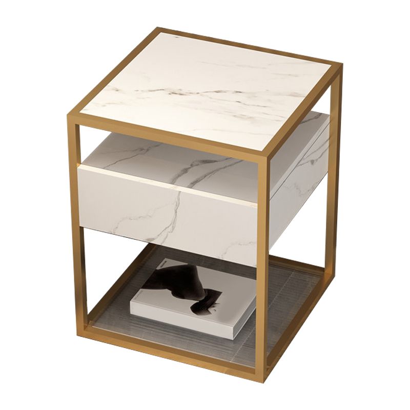 Square Glass/Stone Top End Table 21.26" Tall 1-Drawer Side Table with Storage Shelf