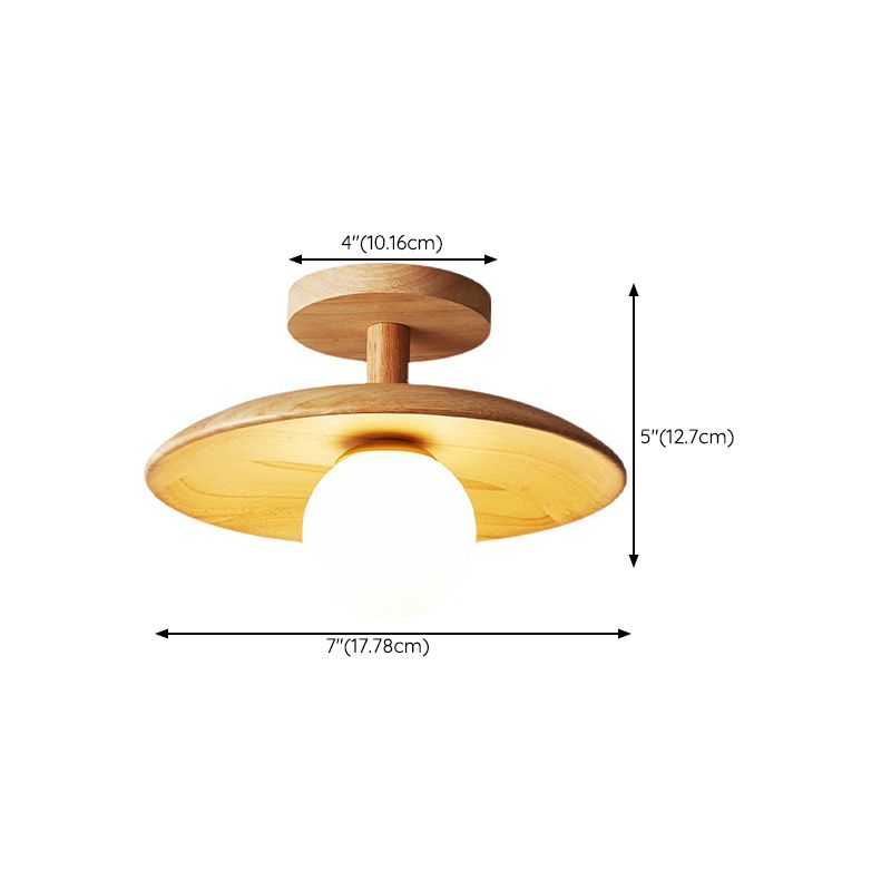 1-Light Ceiling Light Wooden Ceiling Mount Light with Glass Shade for Bedroom
