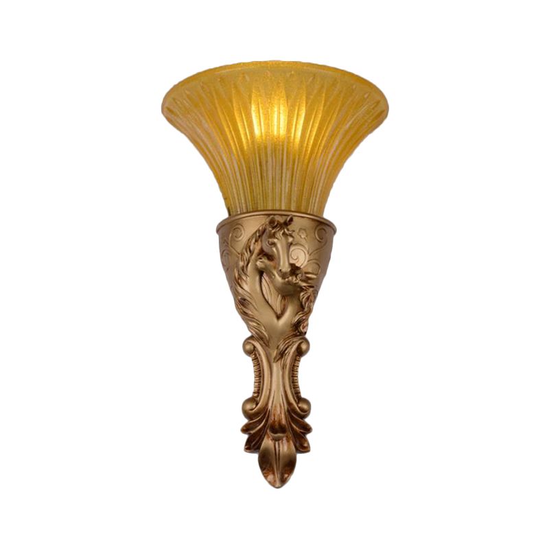 White/Gold Carved Sconce Lamp Colonization Metal 1 Bulb Wall Lighting Fixture with Flared Amber Glass Shade