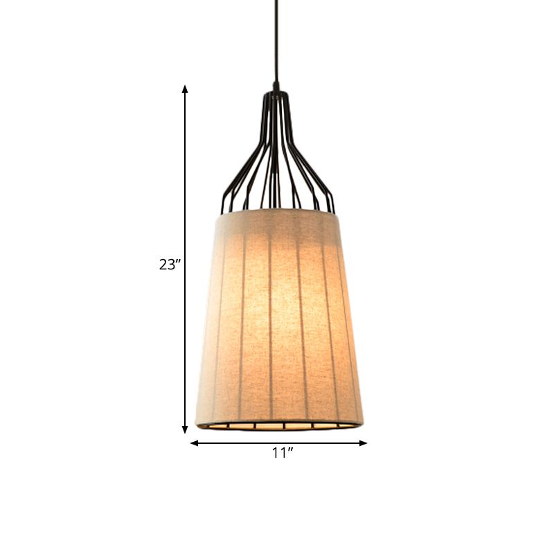 11 “/14” W Candelier de techo cónico vintage 3 luces Luz de suspensión de tela en negro/café/beige con marco de hierro