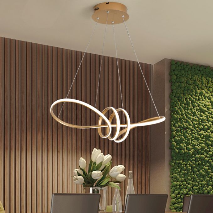 Minimalist Line Art Chandelier Metal Dining Room LED Hanging Pendant Light in Gold
