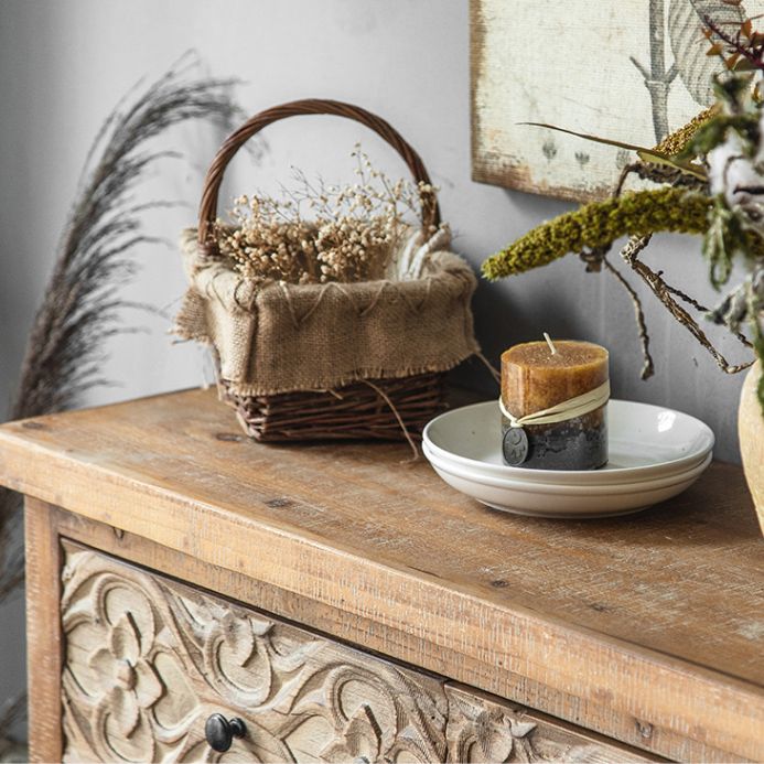 Distressed Brown Drawers Included Cabinet Glass Paned Wood & Iron Accent Cabinet