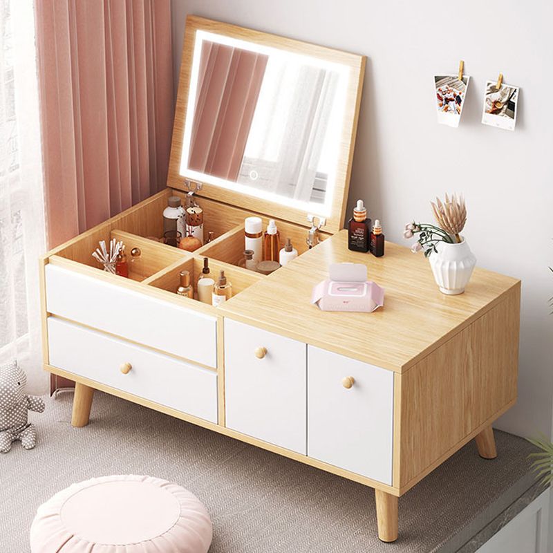 Contemporary Natural Bedroom Solid Wood Mirror With Drawer Makeup Vanity Set