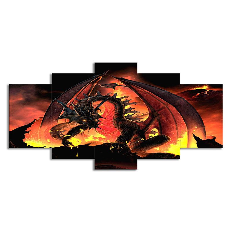 Fire Dragon Art Print Orange Canvas Made Wall Decor for House Interior, Multi-Piece